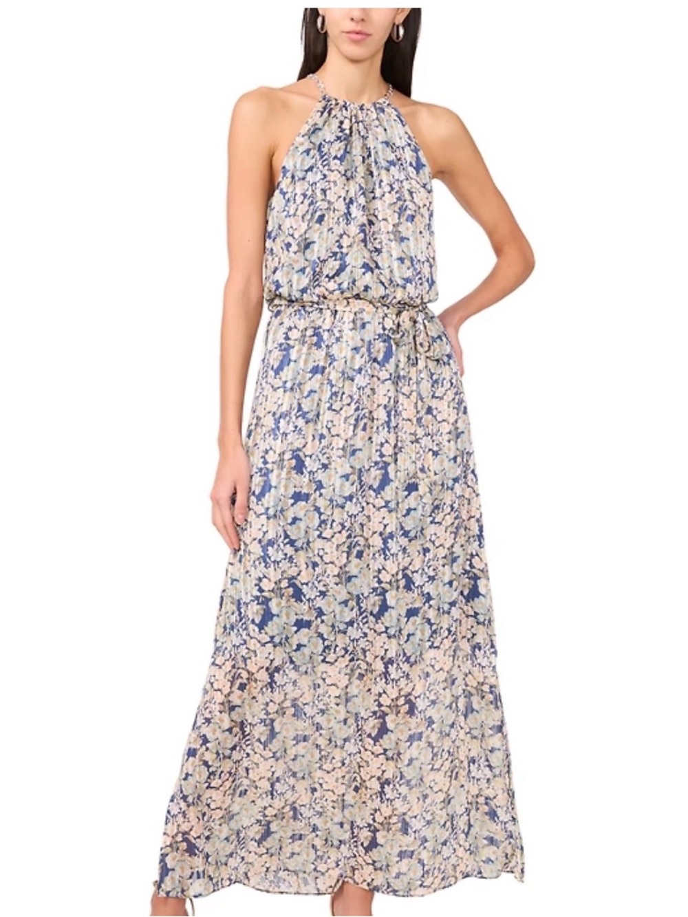 MSK pleated floral blouson halter maxi dress NWT size XL